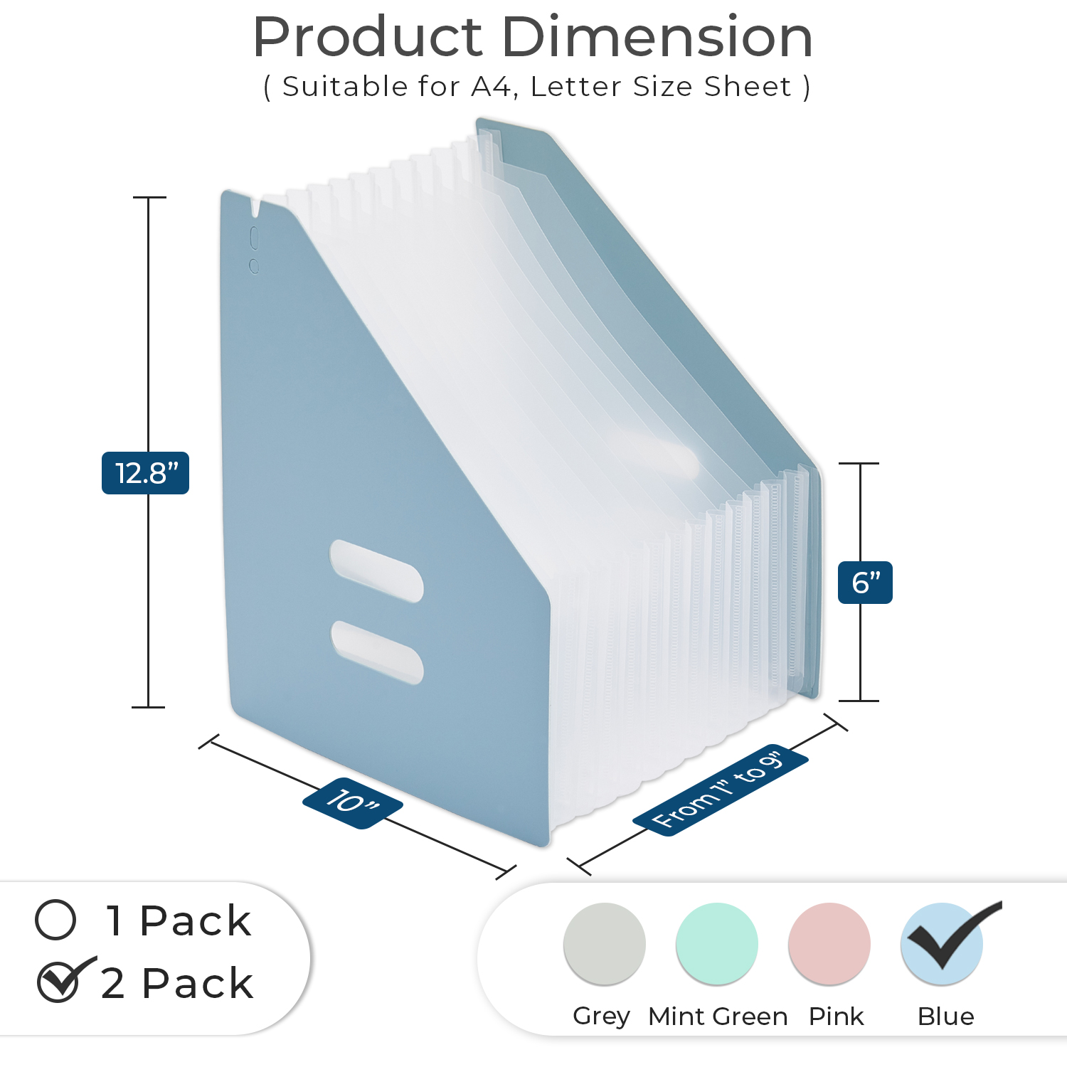 Y YOMA 2 Pack Expanding Magazine Holder with 13 Pockets | Portable Desktop Plastic Self Standing Accordion File Organizer for A4 Letter Size Document Storage Home Office School, Blue