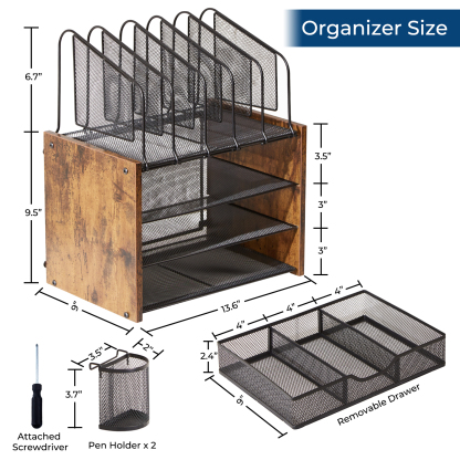 Y YOMA Mesh Desk Organizer with Drawer, 4-Tier Wood Desktop Organizer with 5 Vertical File Holders and 2 Pen Holders Office Desk Accessories for Home Dorm Classroom