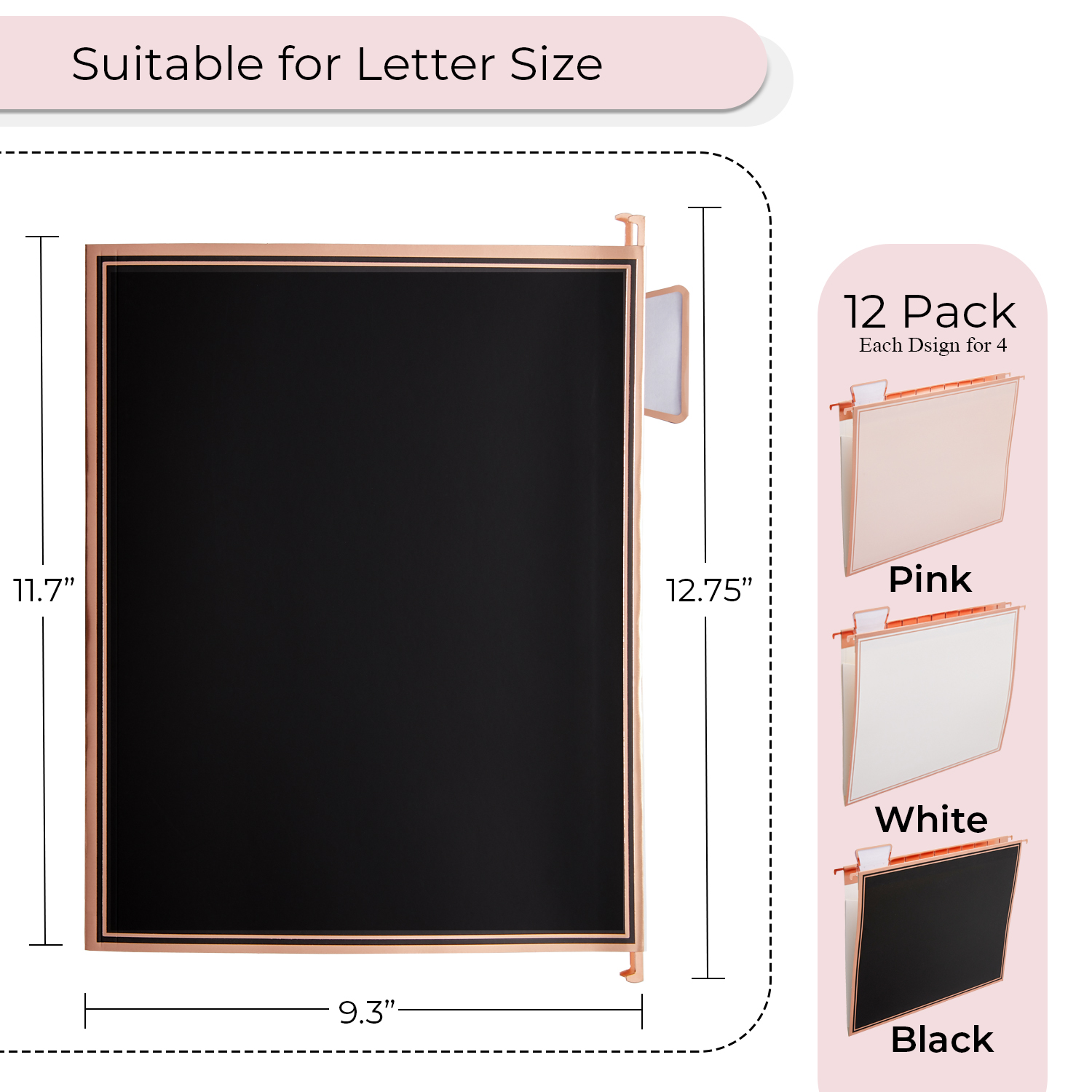 Y YOMA 1 Pack Rose Gold Desktop Hanging File Organizer | 12 Pack Rose Gold Pocket Hanging File Folders with Tabs & Insert | Letter Size Metal File Kit for Desk Home Office, I Shaped