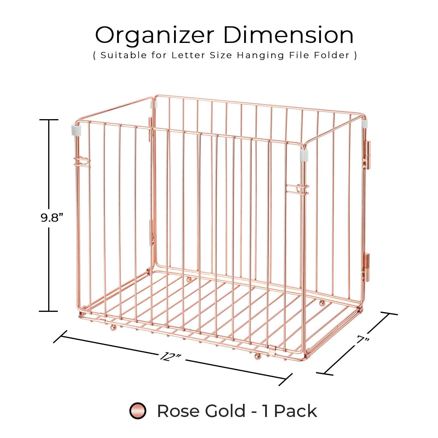 Y YOMA Hanging File Organizer, Letter Size Desk File Crate, Foldable Rose Gold Metal Storage Box for Home Office, 1 Pack