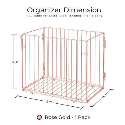 Y YOMA Hanging File Organizer, Letter Size Desk File Crate, Foldable Rose Gold Metal Storage Box for Home Office, 1 Pack
