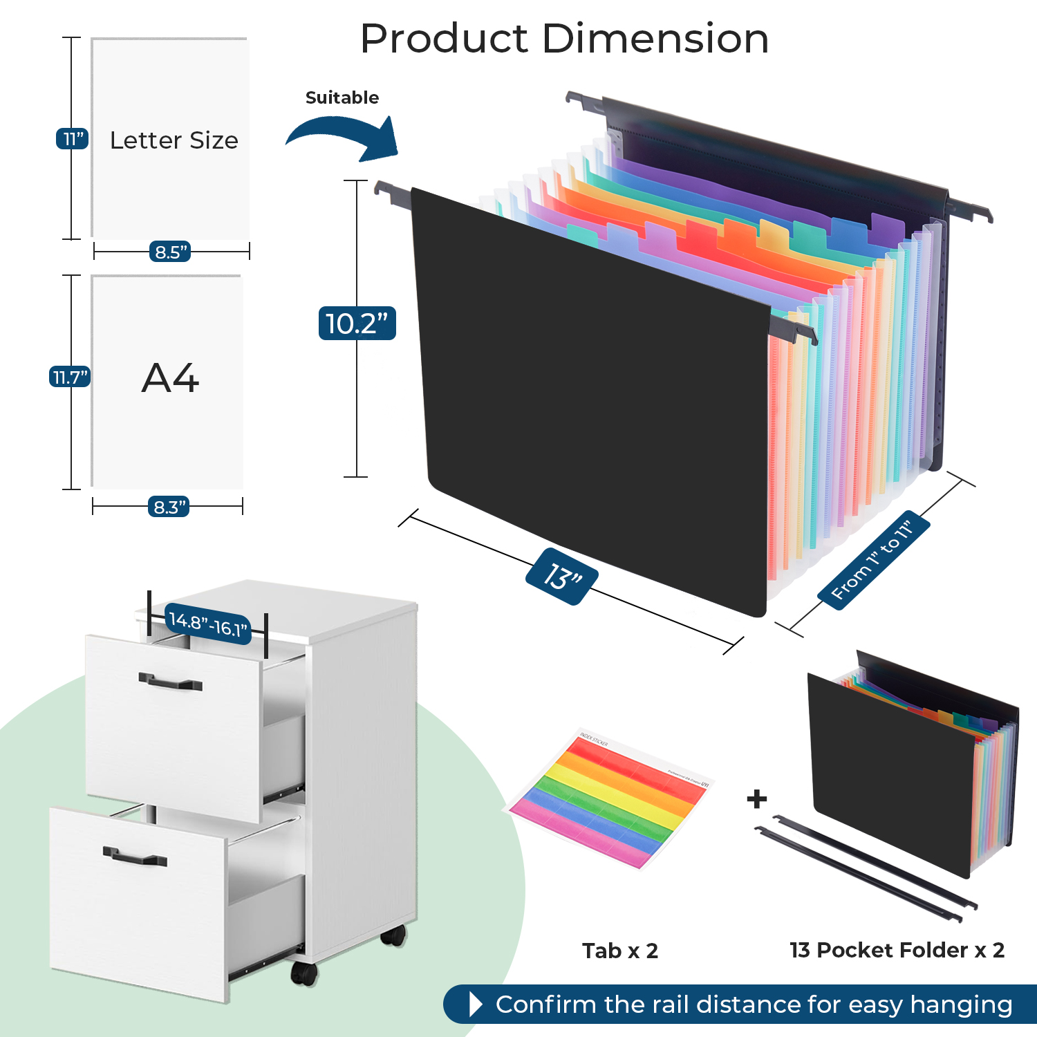 Y YOMA Legal Size - Plastic Expanding Hanging File Folders with 13 Accordion Pockets | Hook Removable Waterproof Extra Capacity for Bulky Files in School Home Office, 2 Pack