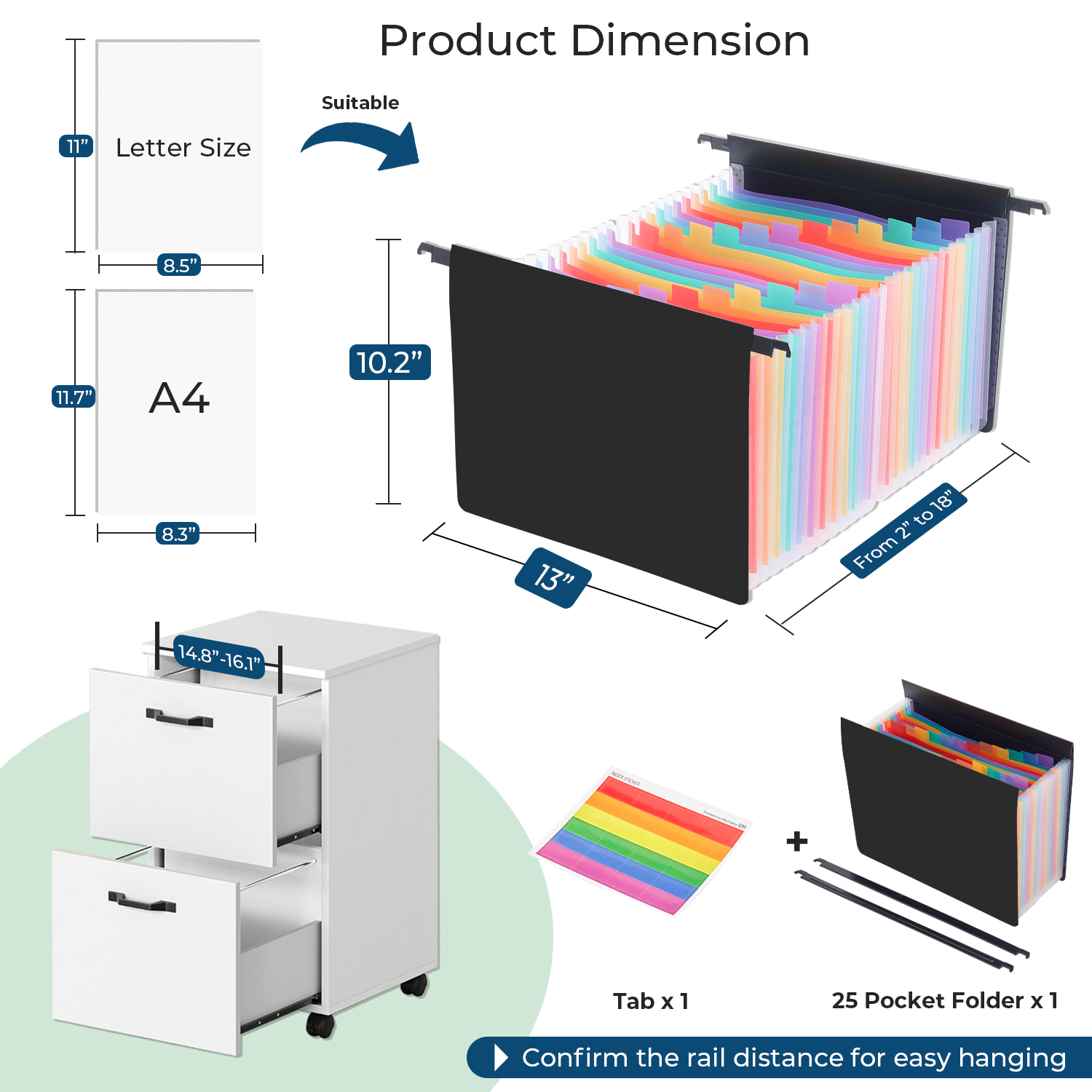 Y YOMA Legal Size - Plastic Expanding Hanging File Folders with 25 Accordion Pockets | Hook Removable Waterproof Extra Capacity for Bulky Files in School Home Office, 1 Pack