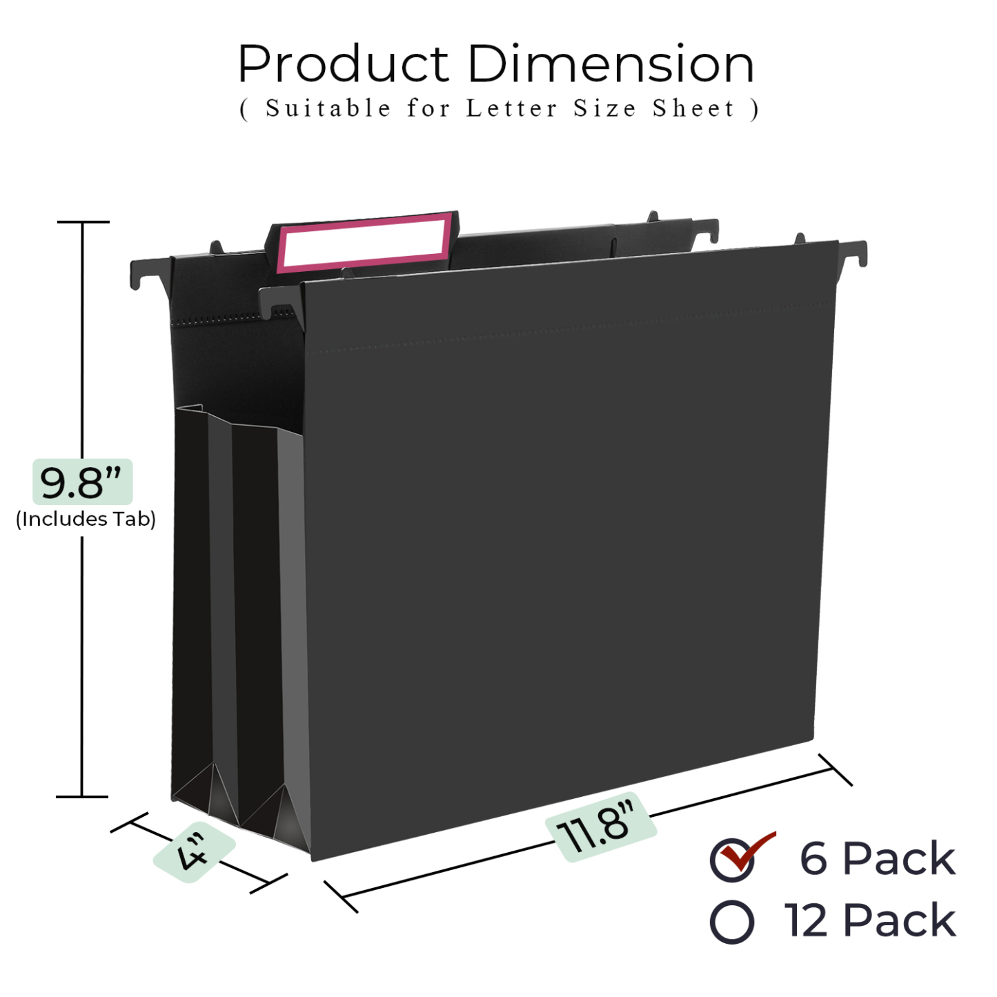 Y YOMA Plastic Extra Capacity Hanging File Folder, Letter Size, 4” Expansion, 6 Pack Black Reinforced Expanding Hanging Folders with Tabs, Heavy Duty Waterproof Accordion for Bulky Files
