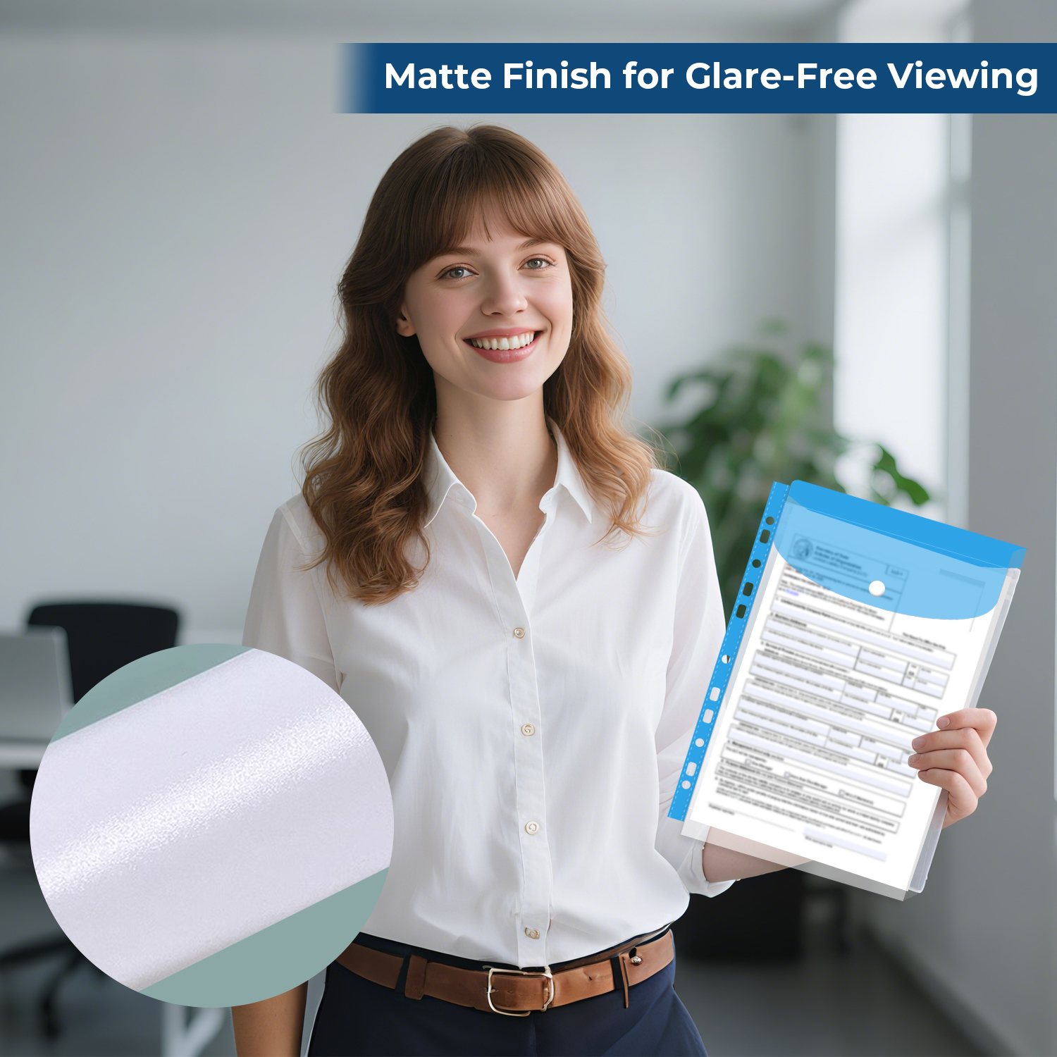 Y YOMA 6 Pack Plastic Binder Pocket with 11 Holes & Snap Button - Letter Size Top-Loading Expandable Extra Capacity Envelope for 2/3/4 Ring Binder, Matte Design