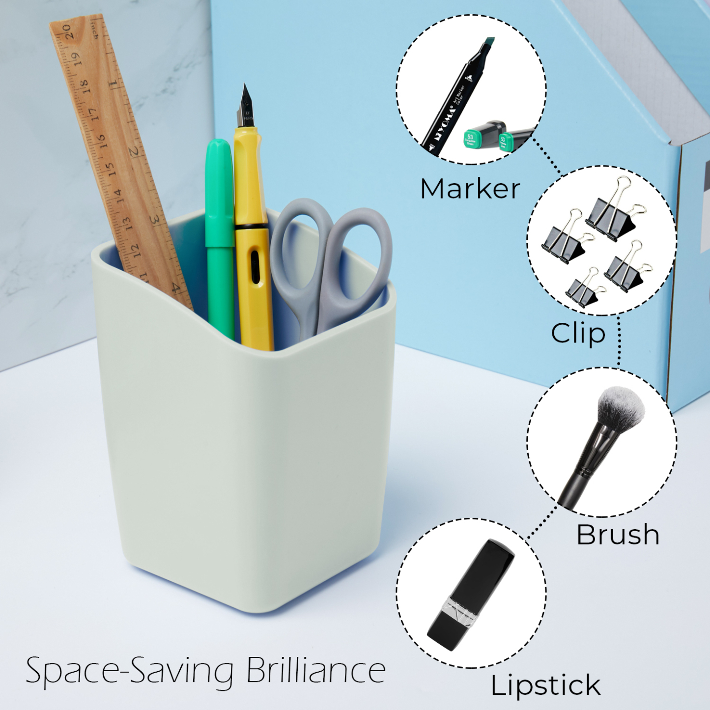 Y YOMA 1 Pack Pen Holder for Desk Cute Plastic Pencil Cup Pen Container Square Organizer Modern Aesthetic Design Desktop Storage Solution for Pens, Pencils, Marker, Makeup Brush, Morandi Green