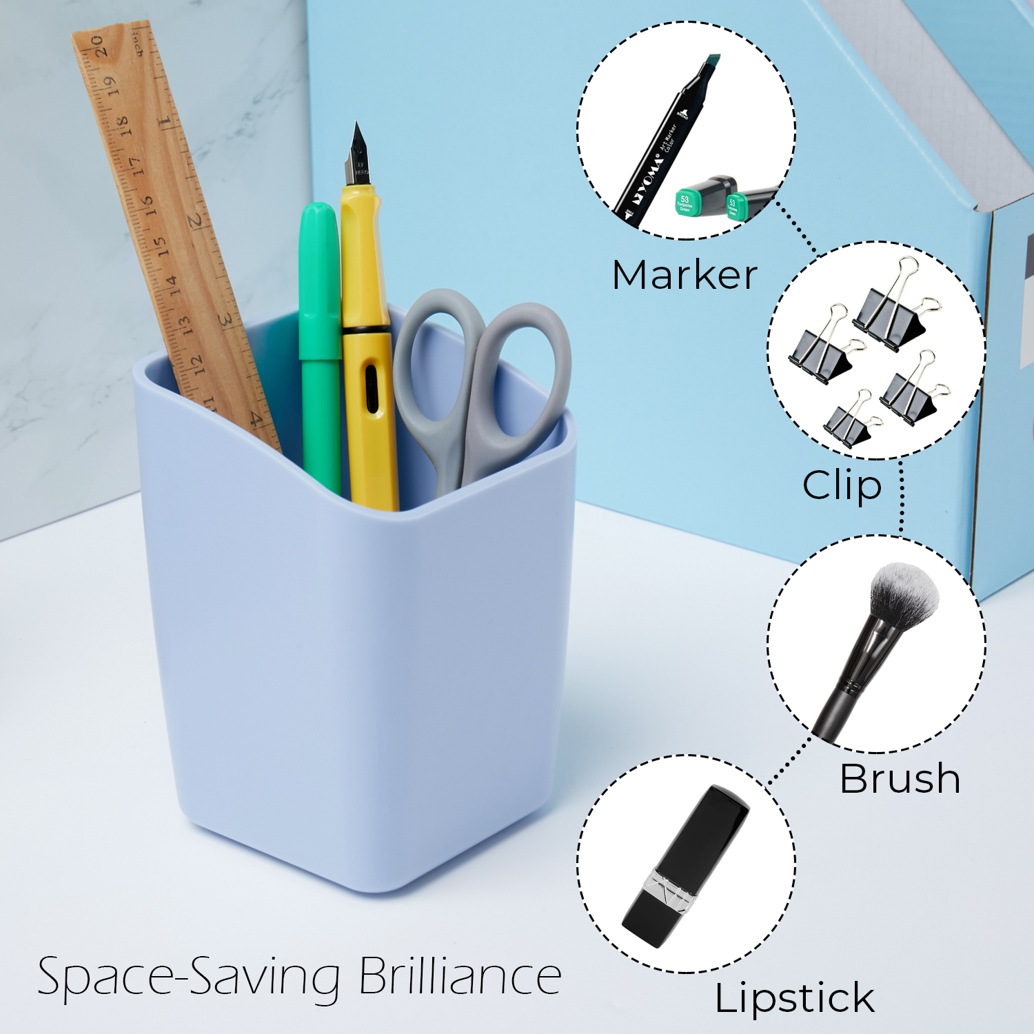Y YOMA 1 Pack Pen Holder for Desk Cute Plastic Pencil Cup Pen Container Square Organizer Modern Aesthetic Design Desktop Storage Solution for Pens, Pencils, Marker, Makeup Brush,  Morandi Blue