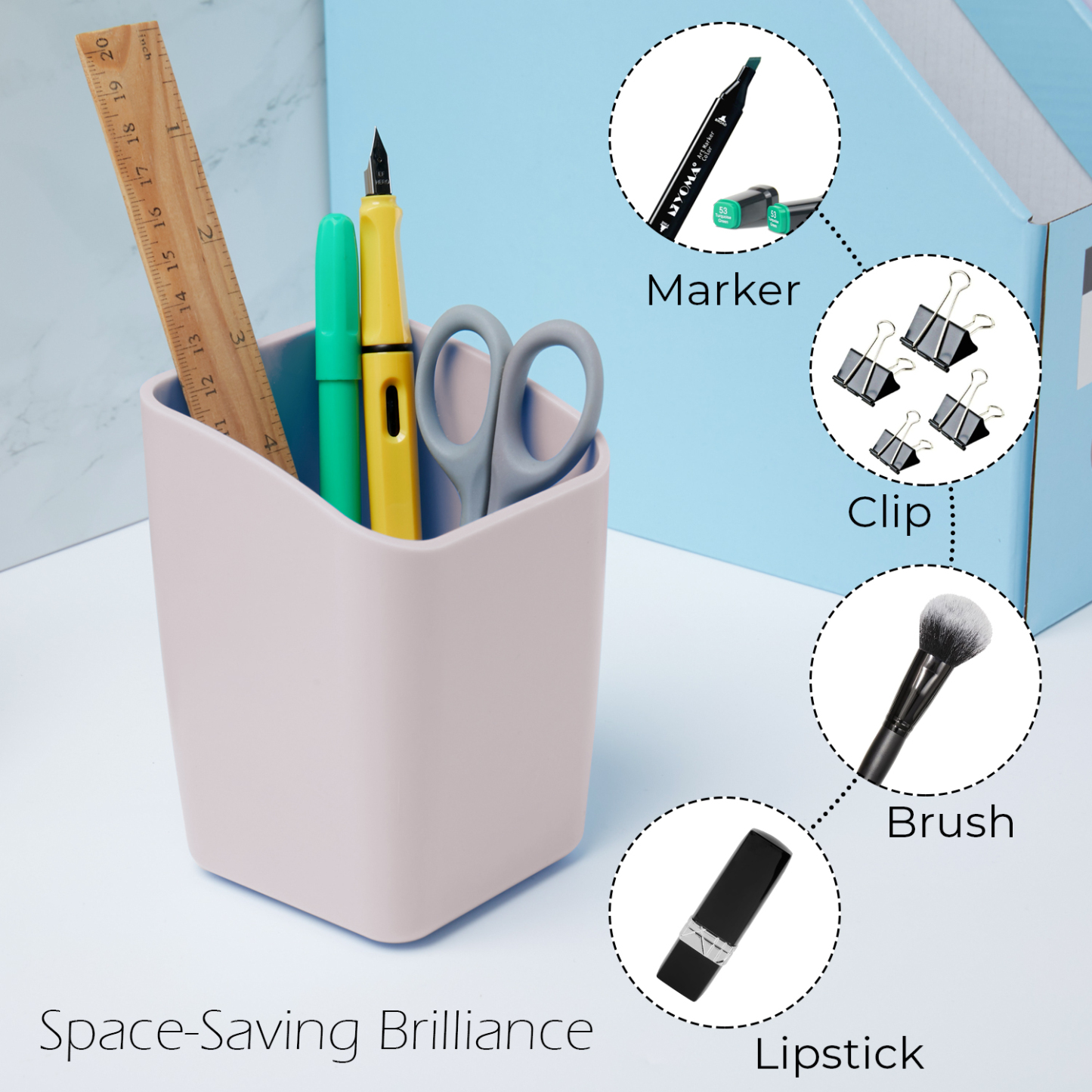 Y YOMA 1 Pack Pen Holder for Desk Cute Plastic Pencil Cup Pen Container Square Organizer Modern Aesthetic Design Desktop Storage Solution for Pens, Pencils, Marker, Makeup Brush, Morandi Red