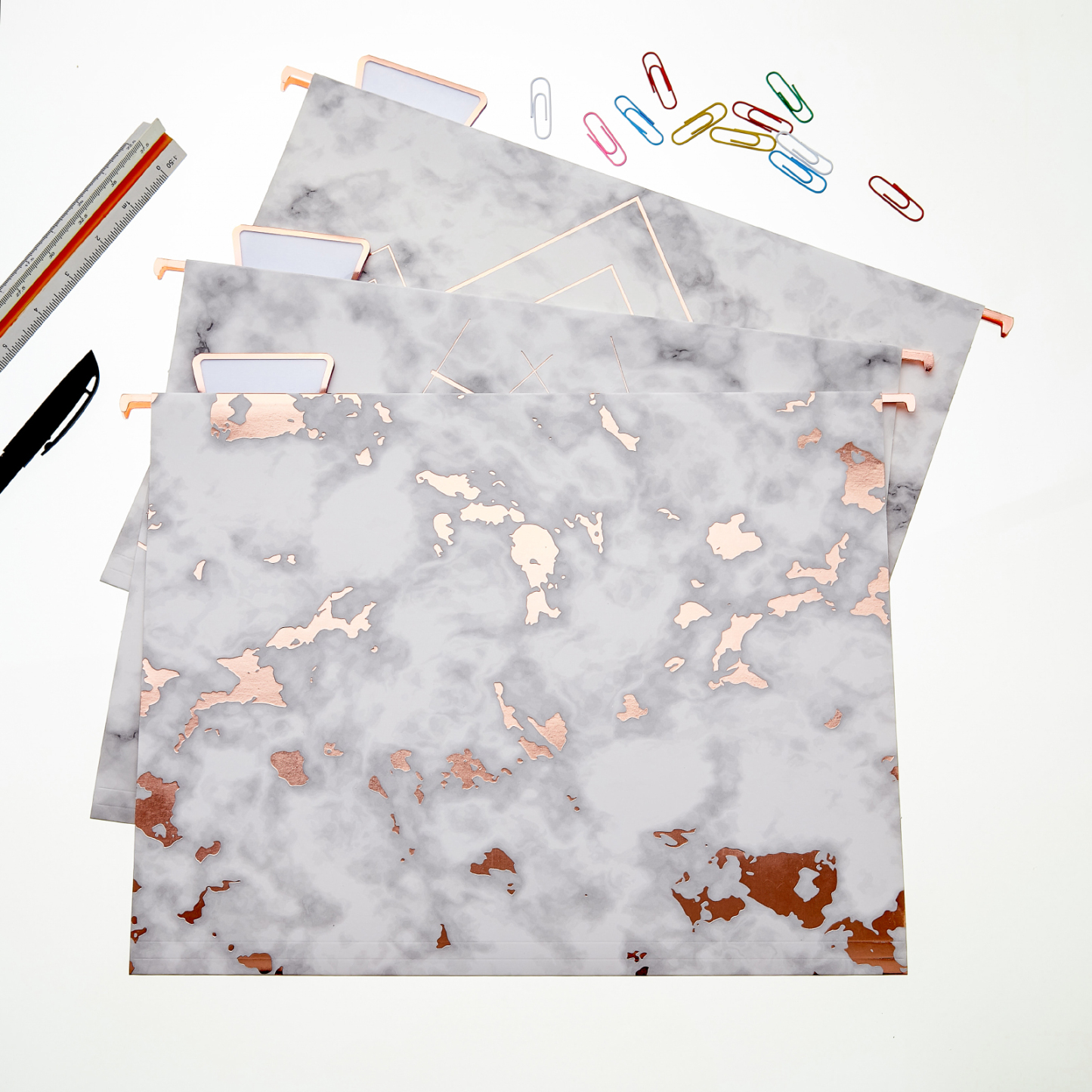 Y YOMA 12 Pack Rose Gold Hanging File Folders Letter Size Decorative File Folder Cute Pretty Hanging Folder Organizer for Filing Cabinet Office Home with 1/5-Cut Adjustable Tabs, 3 Marble Design