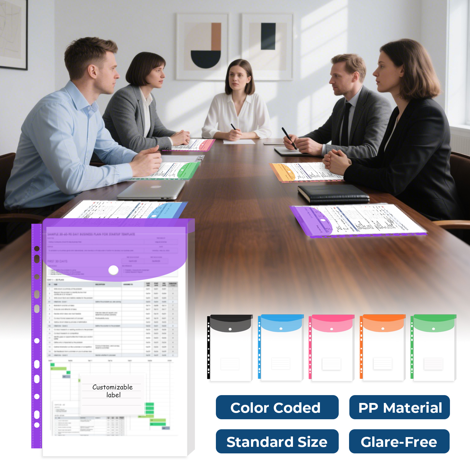 Y YOMA 6 Pack Plastic Binder Pocket with 11 Holes & Snap Button - Letter Size Top-Loading Expandable Extra Capacity Envelope for 2/3/4 Ring Binder, Matte Design
