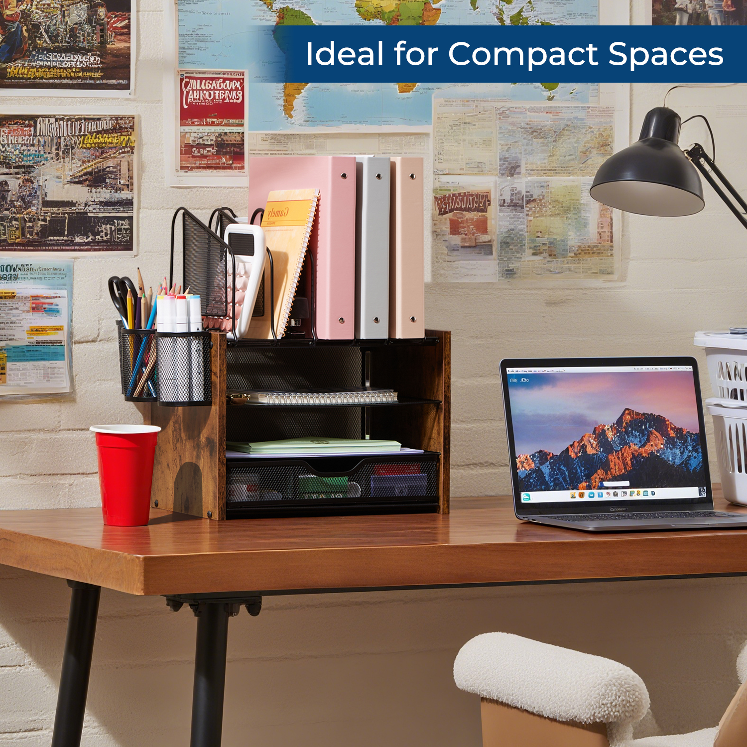 Y YOMA Mesh Desk Organizer with Drawer, 4-Tier Wood Desktop Organizer with 5 Vertical File Holders and 2 Pen Holders Office Desk Accessories for Home Dorm Classroom