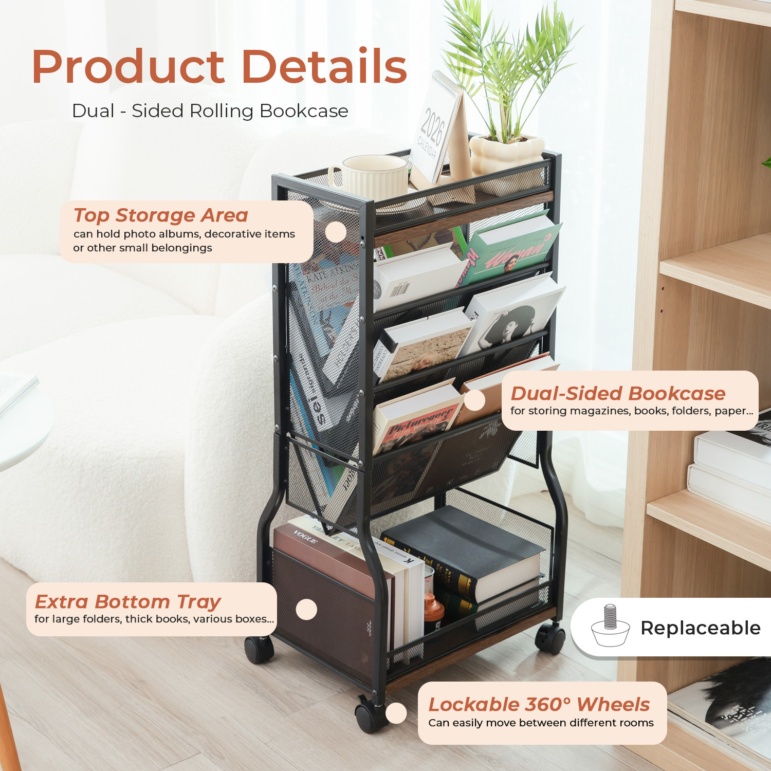 Y YOMA 8-Tier Rolling File Cart with Lockable Wheels, Dual-Sided Storage Organizer and Bookshelf, Easy Assembly Space-Saving Cart for Home, Office & Classroom