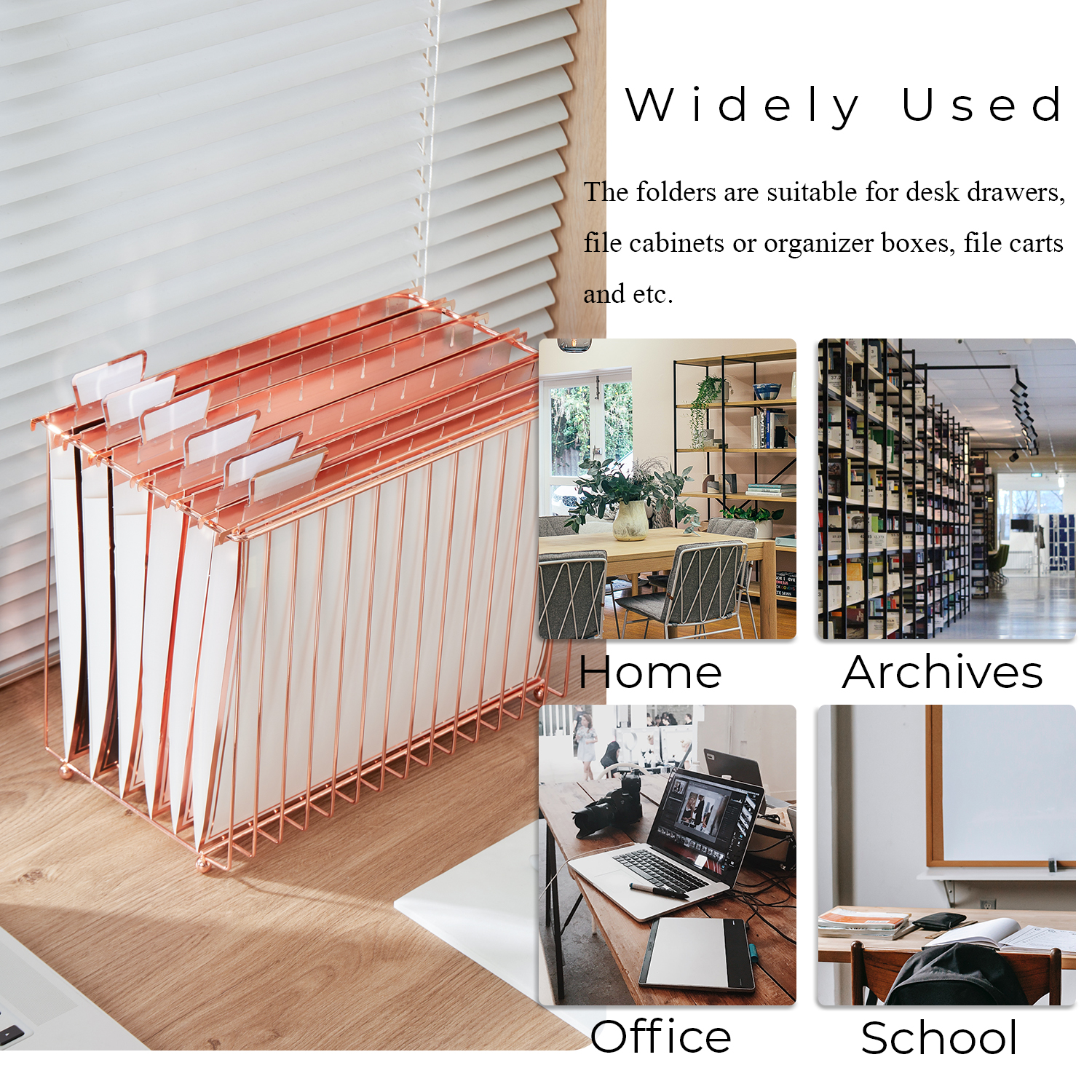 Y YOMA 1 Pack Rose Gold Desktop Hanging File Organizer | 12 Pack Rose Gold Pocket Hanging File Folders with Tabs & Insert | Letter Size Metal File Kit for Desk Home Office, I Shaped