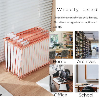 Y YOMA 1 Pack Rose Gold Desktop Hanging File Organizer | 12 Pack Rose Gold Pocket Hanging File Folders with Tabs & Insert | Letter Size Metal File Kit for Desk Home Office, I Shaped