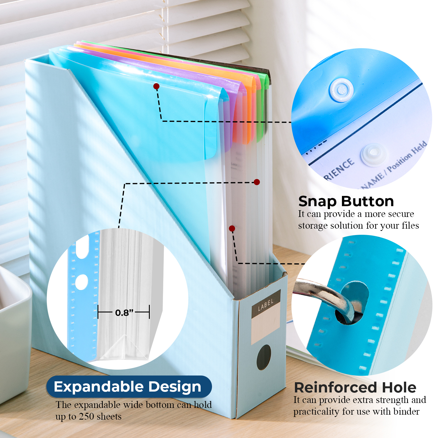 Y YOMA 6 Pack Plastic Binder Pocket with 11 Holes & Snap Button - Letter Size Top-Loading Expandable Extra Capacity Envelope for 2/3/4 Ring Binder, Matte Design