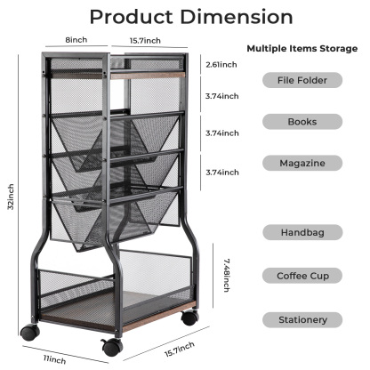 Y YOMA 8-Tier Rolling File Cart with Lockable Wheels, Dual-Sided Storage Organizer and Bookshelf, Easy Assembly Space-Saving Cart for Home, Office & Classroom