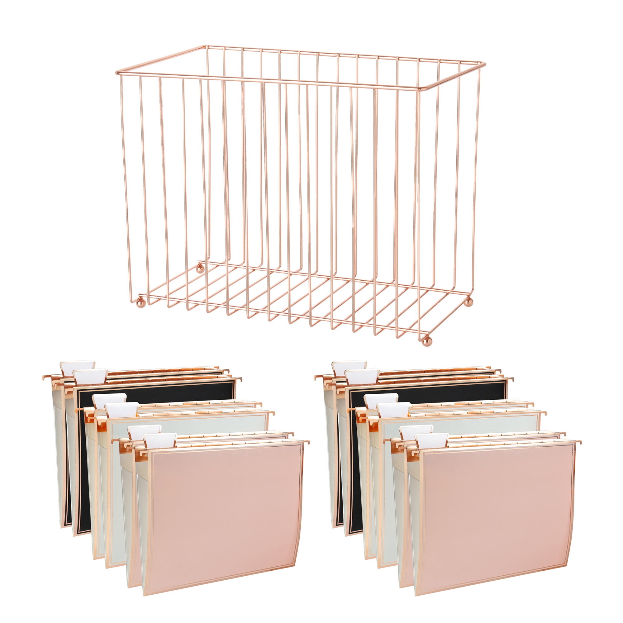 Y YOMA 1 Pack Rose Gold Desktop Hanging File Organizer | 12 Pack Rose Gold Pocket Hanging File Folders with Tabs & Insert | Letter Size Metal File Kit for Desk Home Office, I Shaped