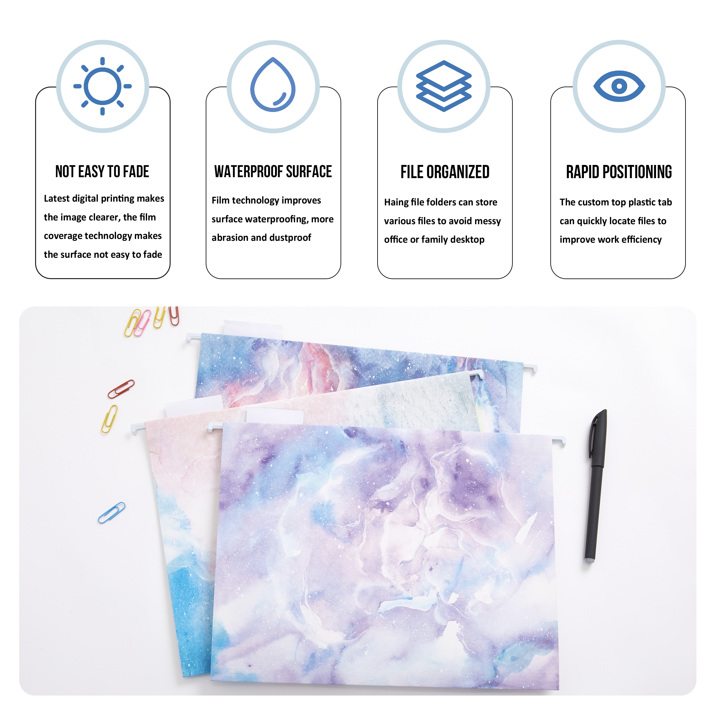 Y YOMA 6 Pack Decorative Hanging File Folders Letter Size Marble Cute Hanging Folder Pretty File Folder Organizer for Filing Cabinet Office Home with 1/5-Cut Adjustable Tabs, 3 Pink Nebula Design