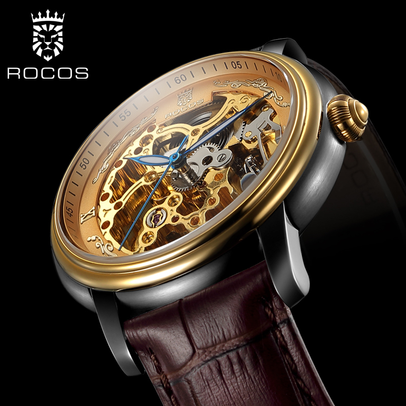 ROCOSJEWE Men's Automatic Mechanical Watches Fashion Luxury Men's Watches Business Men's Wristwatch Double Skeleton Gold Dial Brown Strap Luminous Waterproof Men's Gifts R0142