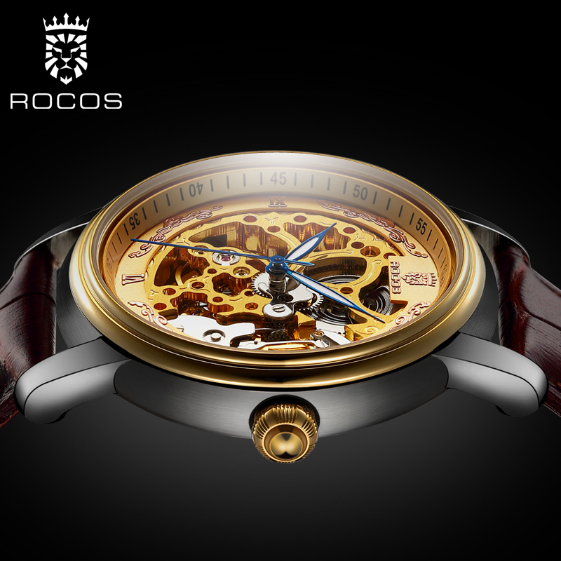 ROCOSJEWE Men's Automatic Mechanical Watches Fashion Luxury Men's Watches Business Men's Wristwatch Double Skeleton Gold Dial Brown Strap Luminous Waterproof Men's Gifts R0142