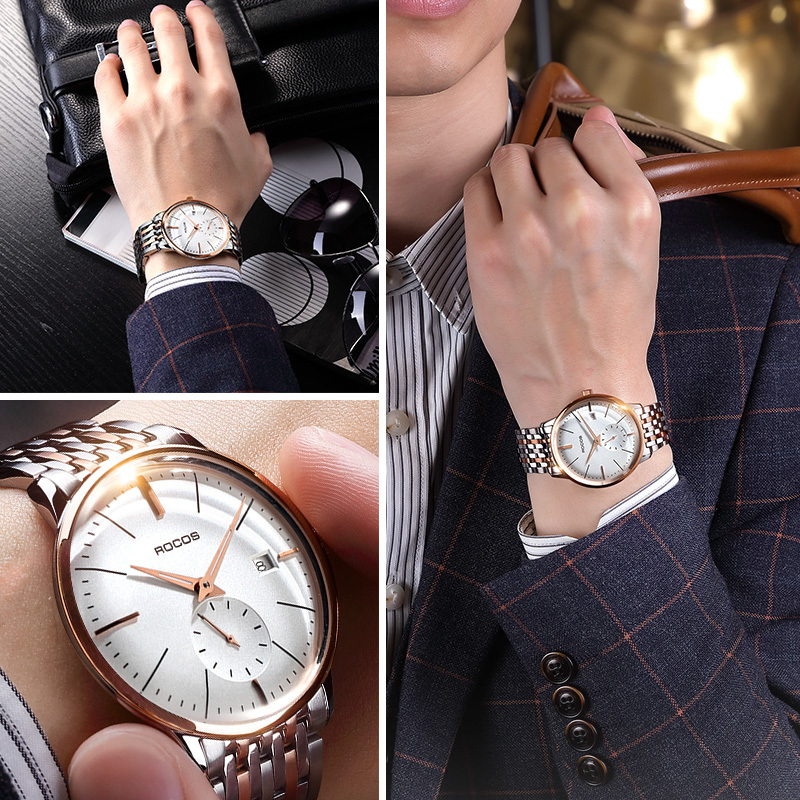 ROCOSJEWE Men's Watches Automatic Mechanical Watches Luminous Seconds Dial Stainless Steel Strap Waterproof Business Casual Watch for Men R0140