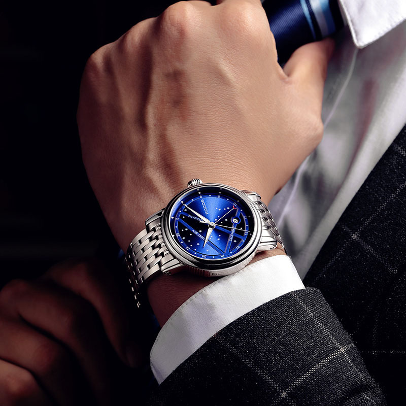 ROCOSJEWE Luxury Women's Wrist Watches Automatic Mechanical Watches Night Sky Luminous Leather Strap Waterproof Date Analog Watch Fashion Business Wrist Watch for Women R0108L (Leather Strap)