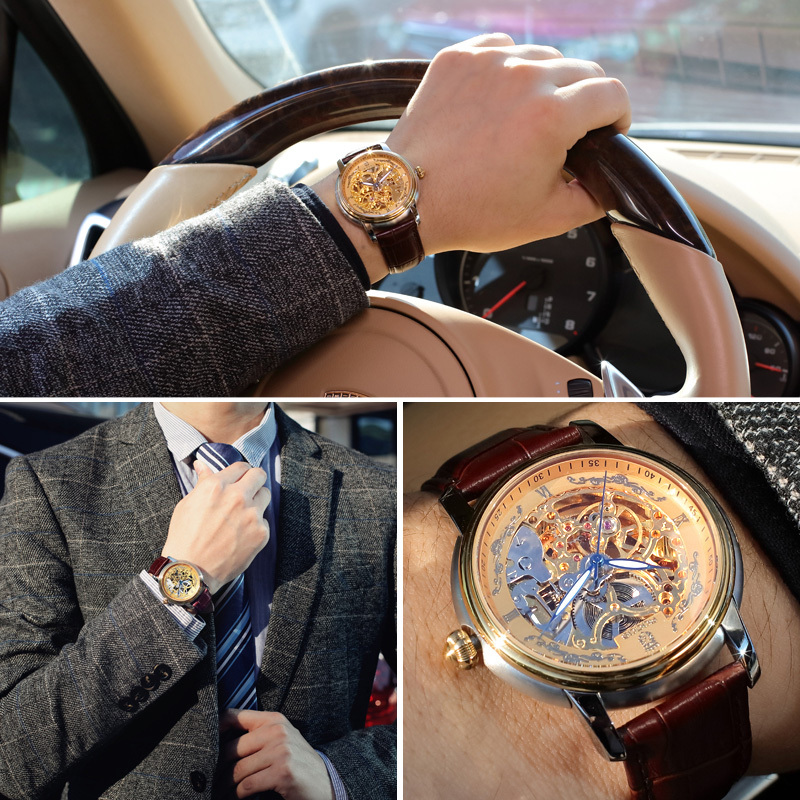 ROCOSJEWE Men's Automatic Mechanical Watches Fashion Luxury Men's Watches Business Men's Wristwatch Double Skeleton Gold Dial Brown Strap Luminous Waterproof Men's Gifts R0142