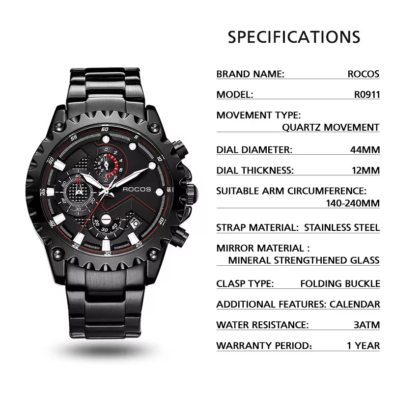ROCOSJEWE Luxury Men Quartz Watches Business Stainless Steel Wristwatches Sports Watch Calendar Luminous Clock R0911