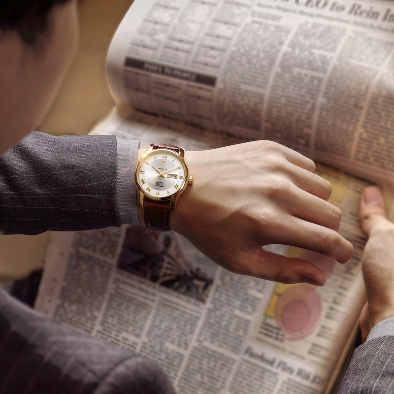 ROCOSJEWE R0131 Men's Watch Fashion Automatic Watches for Men Men's Mechanical Watch Leather Strap Waterproof Calendar Week Gift 