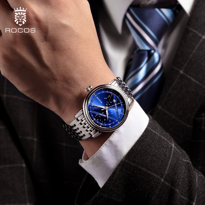 ROCOSJEWE Luxury Women's Wrist Watches Automatic Mechanical Watches Night Sky Luminous Leather Strap Waterproof Date Analog Watch Fashion Business Wrist Watch for Women R0108L (Leather Strap)