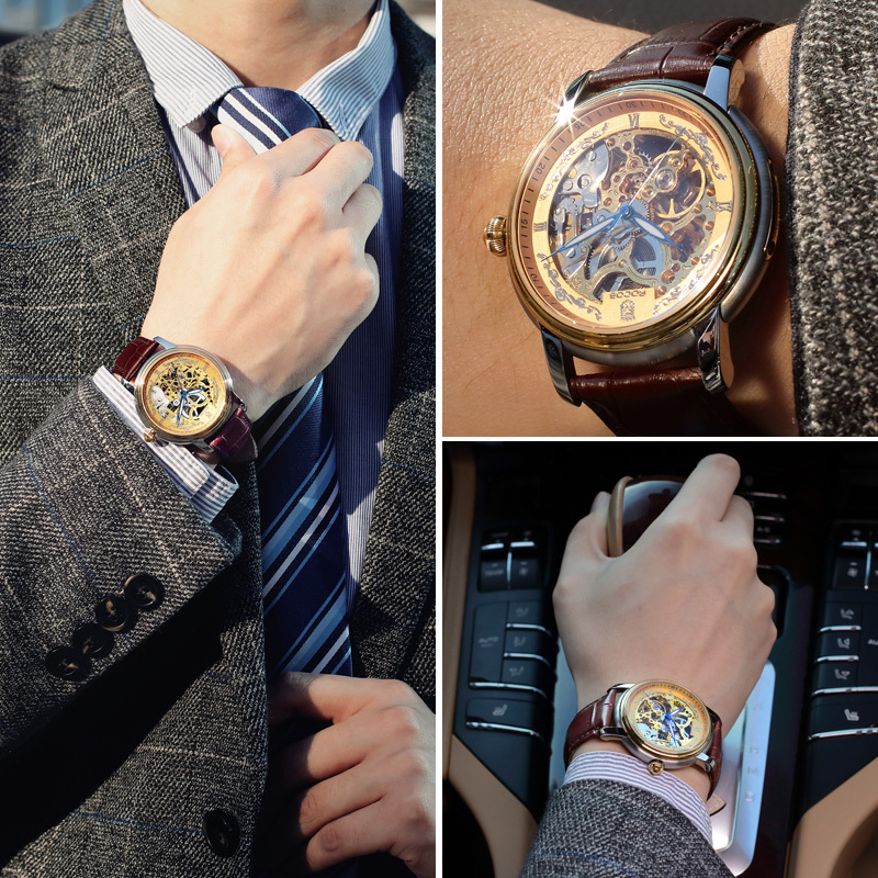ROCOSJEWE Men's Automatic Mechanical Watches Fashion Luxury Men's Watches Business Men's Wristwatch Double Skeleton Gold Dial Brown Strap Luminous Waterproof Men's Gifts R0142