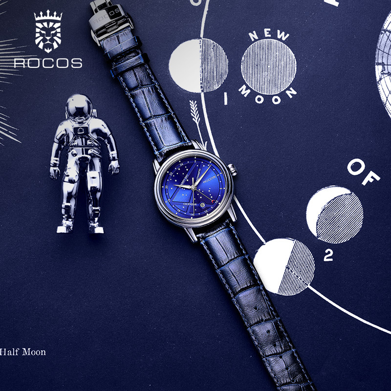ROCOS Brand Star And Moon Series Blue Star High-end Automatic Mechanical Watches Fashion Trend Men's Watches Luminous Waterproof Men's Watches Sapphire Mirror Cowhide Strap 24 Hour Indicator Calendar
