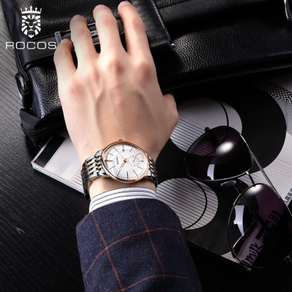 ROCOSJEWE Men's Watches Automatic Mechanical Watches Luminous Seconds Dial Stainless Steel Strap Waterproof Business Casual Watch for Men R0140