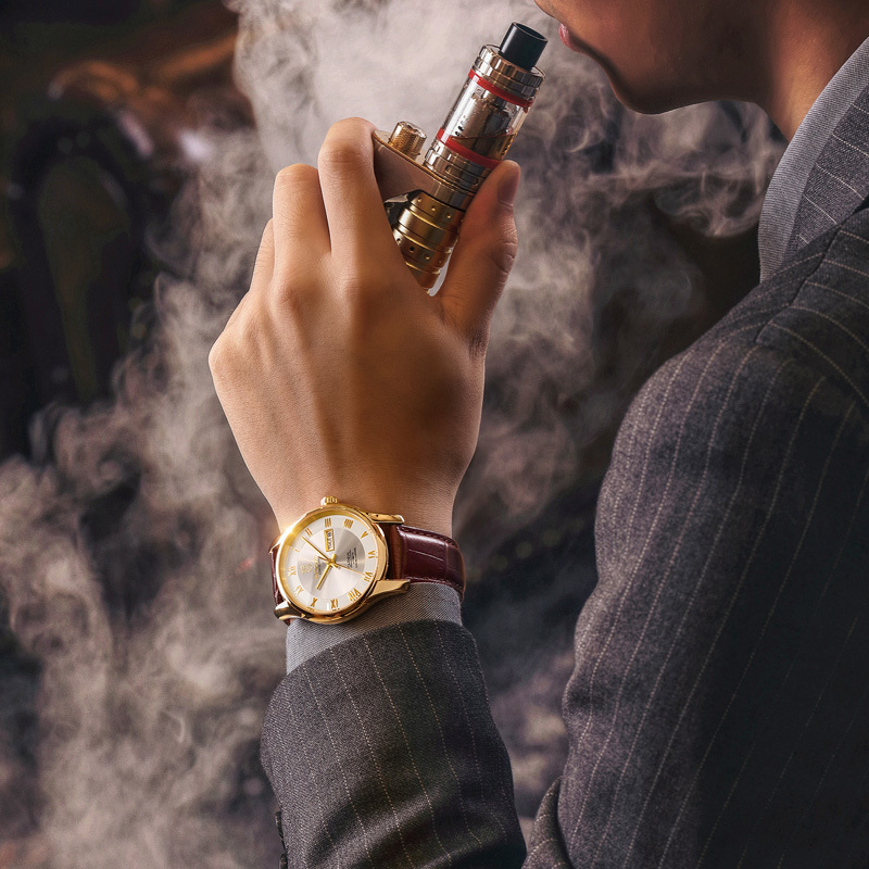 ROCOSJEWE R0131 Men's Watch Fashion Automatic Watches for Men Men's Mechanical Watch Leather Strap Waterproof Calendar Week Gift 