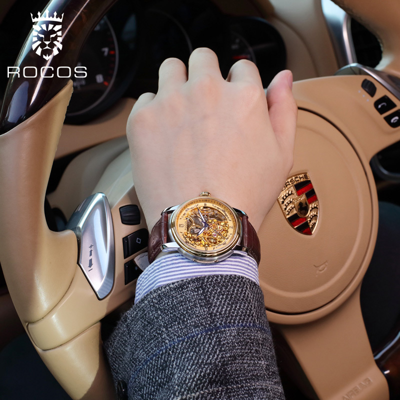 ROCOSJEWE Men's Automatic Mechanical Watches Fashion Luxury Men's Watches Business Men's Wristwatch Double Skeleton Gold Dial Brown Strap Luminous Waterproof Men's Gifts R0142