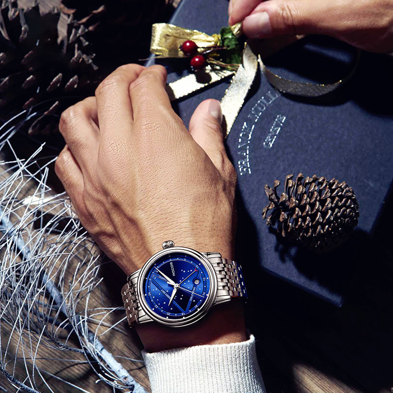 ROCOSJEWE Luxury Women's Wrist Watches Automatic Mechanical Watches Night Sky Luminous Leather Strap Waterproof Date Analog Watch Fashion Business Wrist Watch for Women R0108L (Leather Strap)