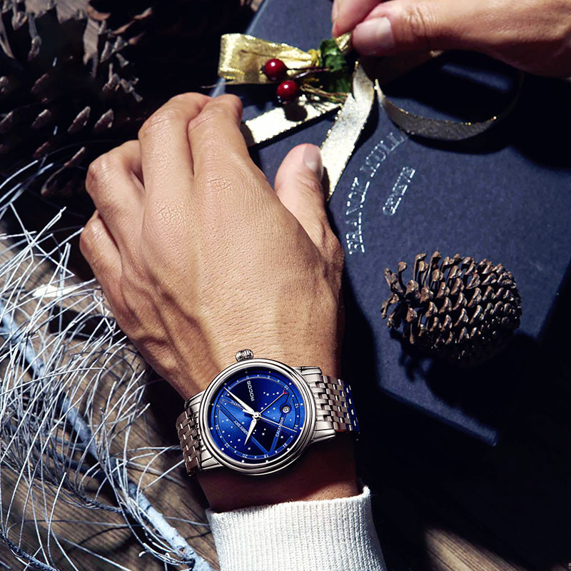 ROCOSJEWE Luxury Women's Wrist Watches Automatic Mechanical Watches Night Sky Luminous Leather Strap Waterproof Date Analog Watch Fashion Business Wrist Watch for Women R0108L (Leather Strap)