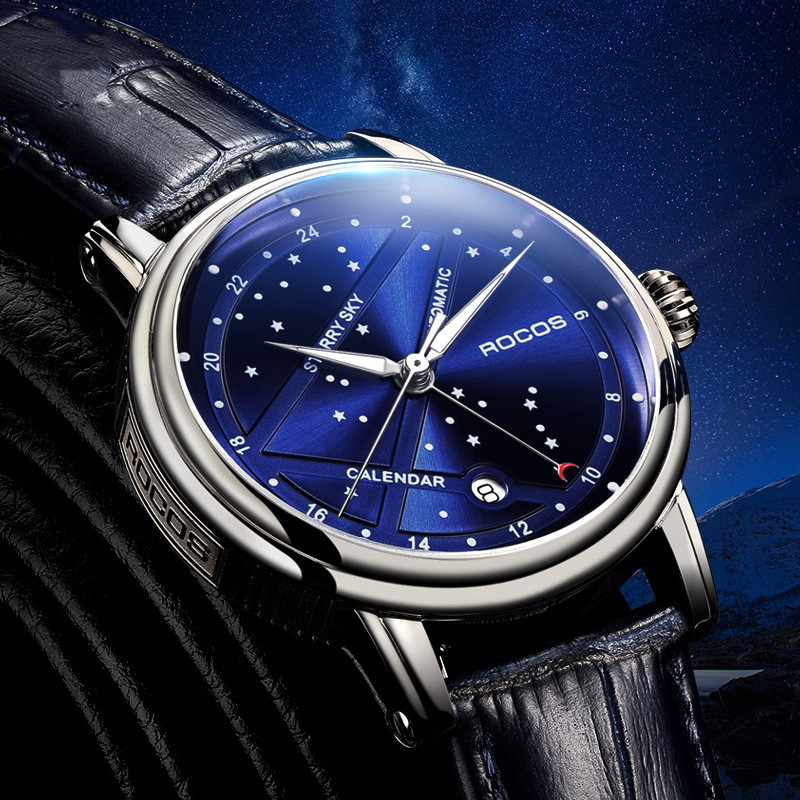 ROCOS Brand Star And Moon Series Blue Star High-end Automatic Mechanical Watches Fashion Trend Men's Watches Luminous Waterproof Men's Watches Sapphire Mirror Cowhide Strap 24 Hour Indicator Calendar