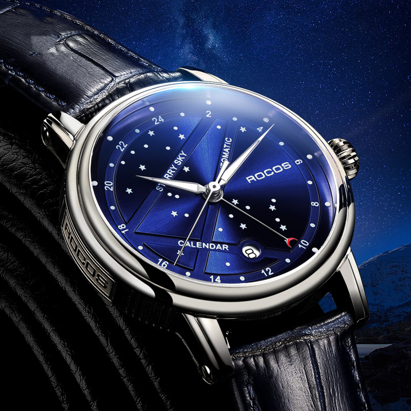 ROCOS Brand Star And Moon Series Blue Star High-end Automatic Mechanical Watches Fashion Trend Men's Watches Luminous Waterproof Men's Watches Sapphire Mirror Cowhide Strap 24 Hour Indicator Calendar