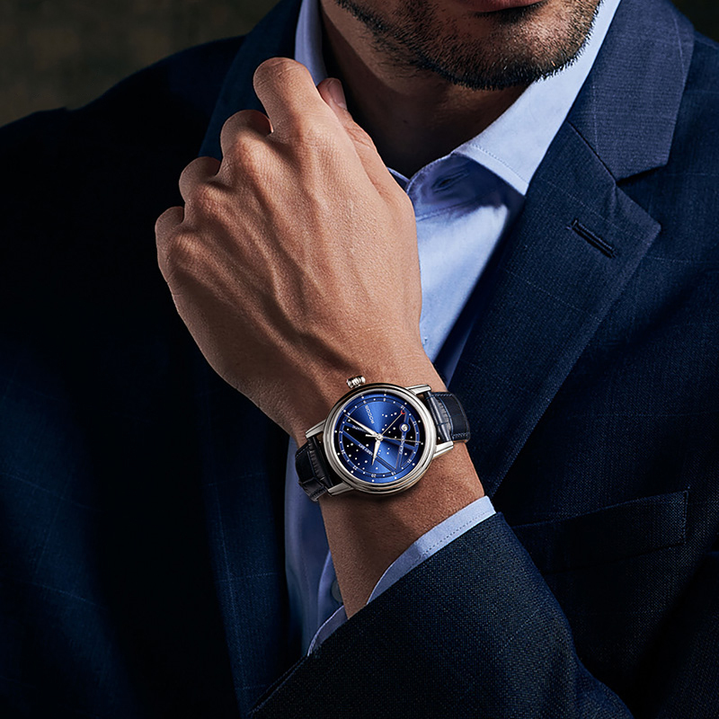 ROCOS Brand Star And Moon Series Blue Star High-end Automatic Mechanical Watches Fashion Trend Men's Watches Luminous Waterproof Men's Watches Sapphire Mirror Cowhide Strap 24 Hour Indicator Calendar