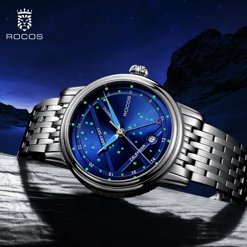 ROCOSJEWE Luxury Women's Wrist Watches Automatic Mechanical Watches Night Sky Luminous Leather Strap Waterproof Date Analog Watch Fashion Business Wrist Watch for Women R0108L (Leather Strap)