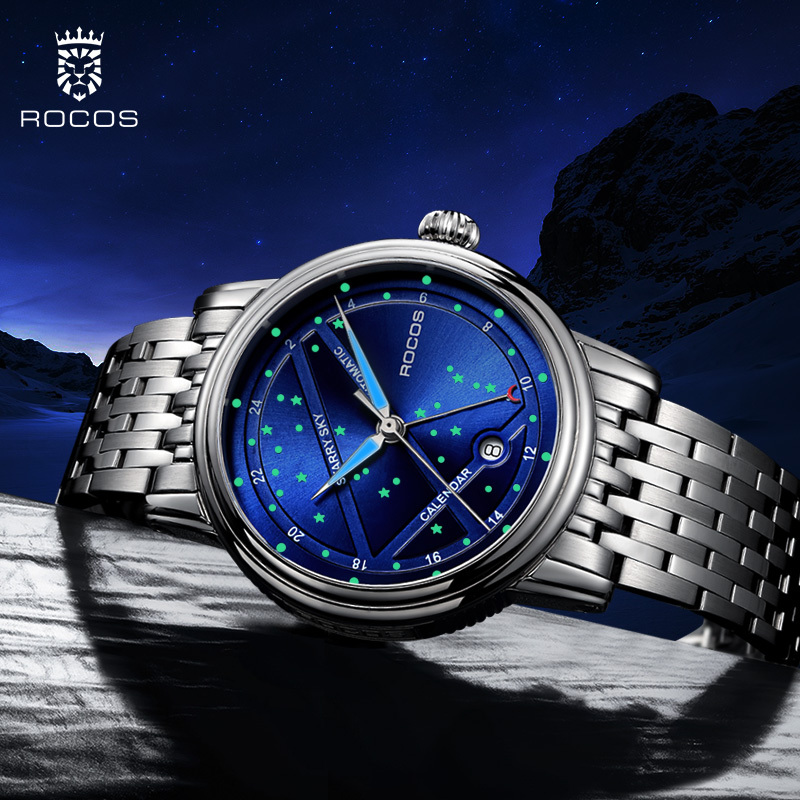ROCOSJEWE Luxury Women's Wrist Watches Automatic Mechanical Watches Night Sky Luminous Leather Strap Waterproof Date Analog Watch Fashion Business Wrist Watch for Women R0108L (Leather Strap)