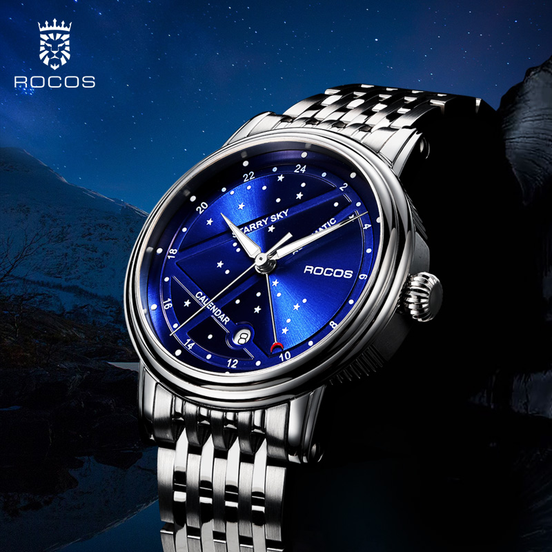 ROCOSJEWE Luxury Women's Wrist Watches Automatic Mechanical Watches Night Sky Luminous Leather Strap Waterproof Date Analog Watch Fashion Business Wrist Watch for Women R0108L (Leather Strap)