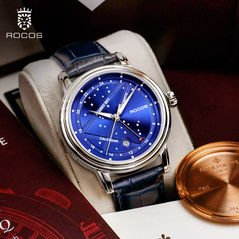 ROCOS Brand Star And Moon Series Blue Star High-end Automatic Mechanical Watches Fashion Trend Men's Watches Luminous Waterproof Men's Watches Sapphire Mirror Cowhide Strap 24 Hour Indicator Calendar