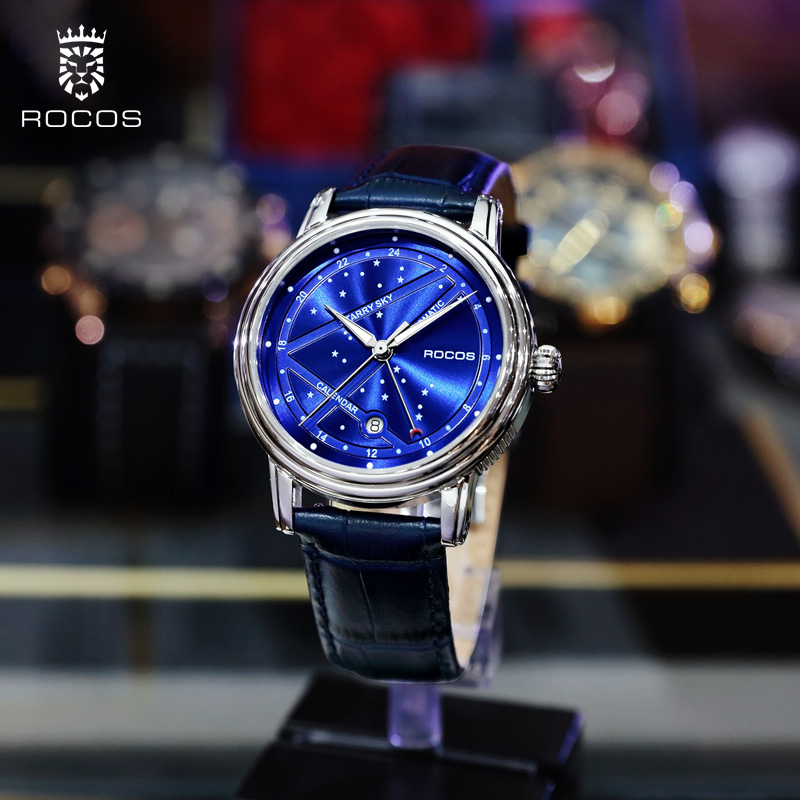 ROCOS Brand Star And Moon Series Blue Star High-end Automatic Mechanical Watches Fashion Trend Men's Watches Luminous Waterproof Men's Watches Sapphire Mirror Cowhide Strap 24 Hour Indicator Calendar