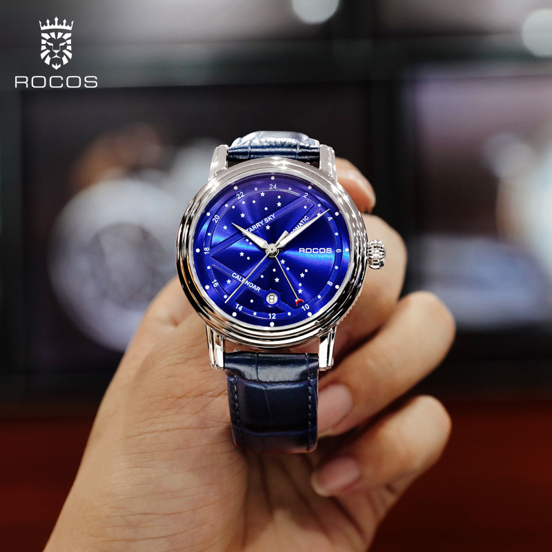 ROCOS Brand Star And Moon Series Blue Star High-end Automatic Mechanical Watches Fashion Trend Men's Watches Luminous Waterproof Men's Watches Sapphire Mirror Cowhide Strap 24 Hour Indicator Calendar