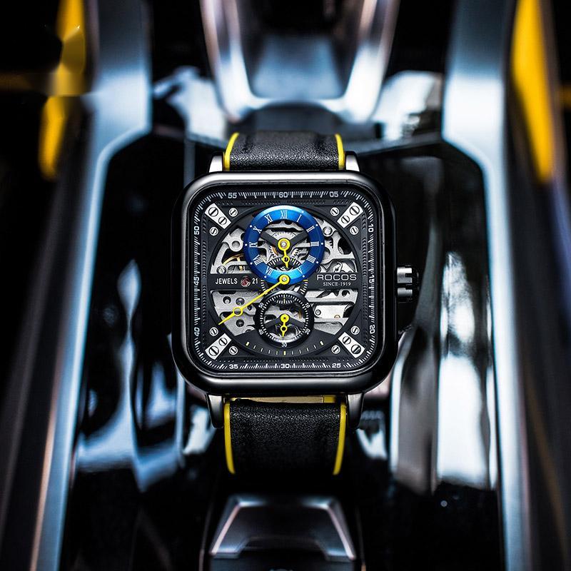 Automatic Watches for Men Skeleton Mechanical Watch Stainless Waterproof Anti Shock Casual Analog Dress Watch Leather Band Vintage Square Ultra Thin Business Wristwatch R0917