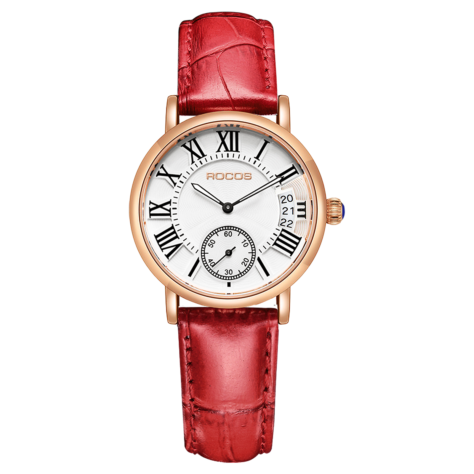 ROCOSJEWE Women Quartz Watch Vintage Roman Numeral Analog Dial Second Hand Sub Dial 32mm Gold Stainless Steel Case Leather Strap R0240