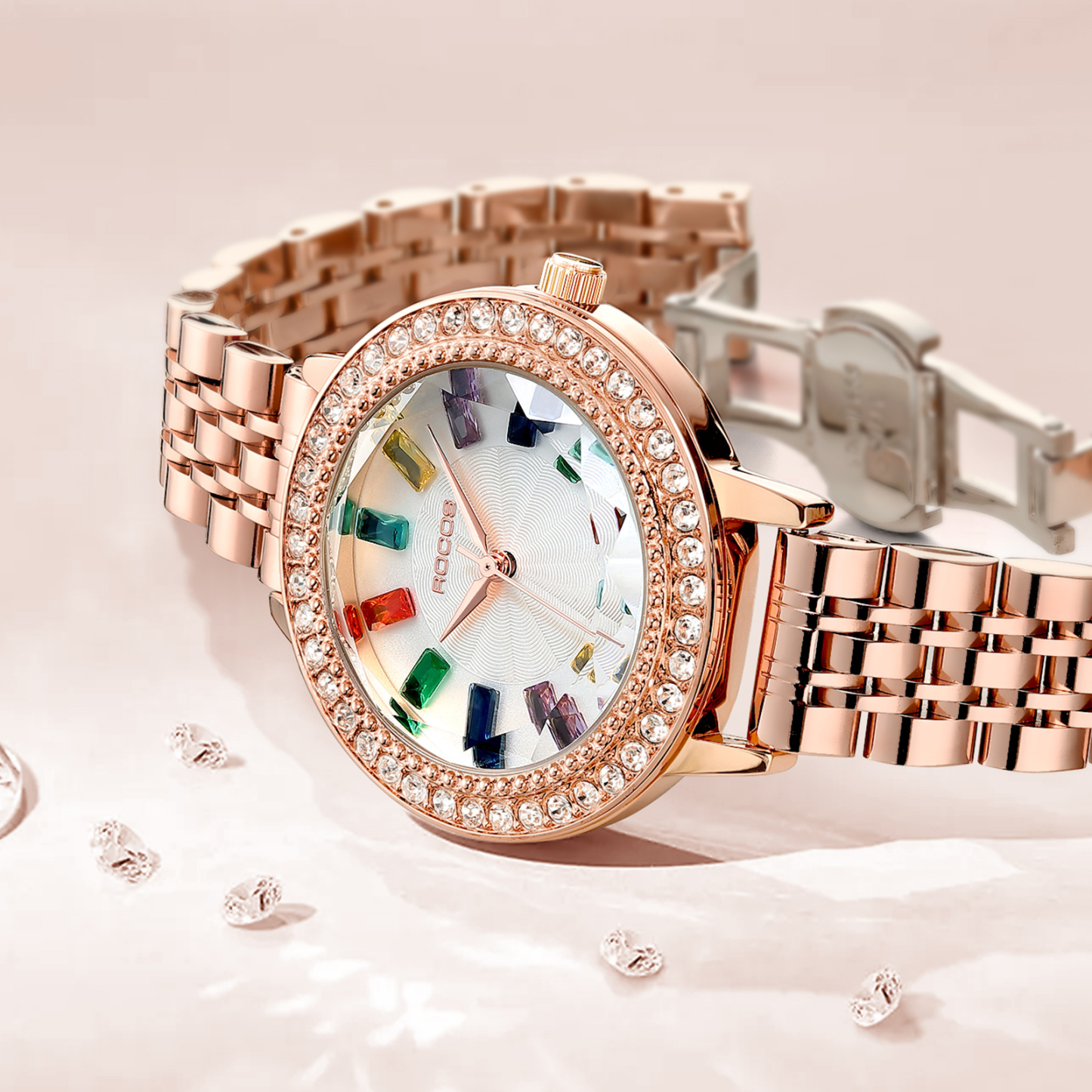 ROCOSJEWE Ladies Quartz Watch Temperament Shining Diamond Gold Bezel Exquisite Luxurious Colored Gemstone Hour Markers Steel Strap Ladies Watch R0260