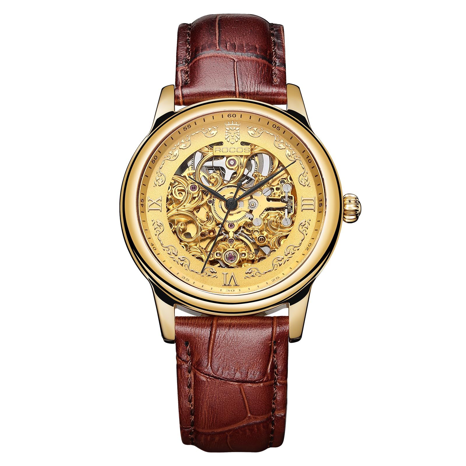 ROCOSJEWE Vintage Fashion Men's Watch Automatic Mechanical Movement Double Skeleton Watch Gold Watch Waterproof Watch for Men R0106